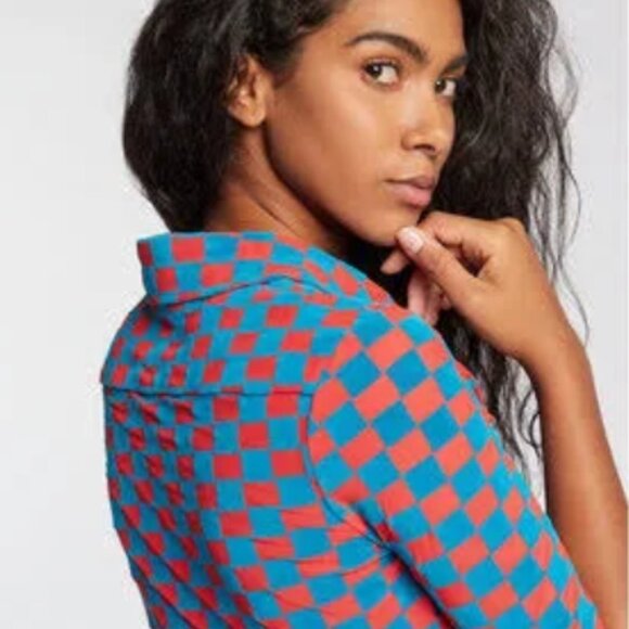 ROTATE Birger Christensen Miranda Red/Blue Mesh/Velvet Plaid CroppedShirt M $270 - Picture 11 of 14